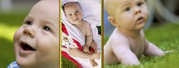Drei Porträts eines lächelnden Babys im Freien, liegend auf grünem Gras.