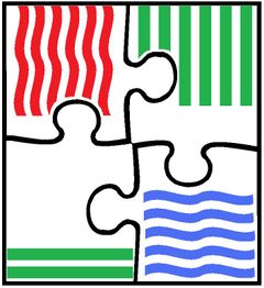 Puzzleteile in Rot, Grün und Blau mit Wellen- und Streifenmustern, die zusammenpassen.