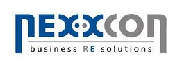 Logo mit Schriftzug "nexocon" und Slogan "business RE solutions" in Blau und Grau.