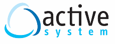 Logo mit blauem Kreissymbol, daneben der Text „active system“ in Schwarz und Blau.