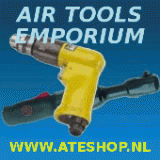 Gereedschappen met tekst "Air Tools Emporium". Website: www.ateshop.nl.