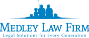 Blue logo for Medley Law Firm with cityscape silhouette and slogan below.