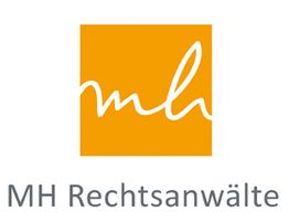Logo mit orangem Quadrat und weißem "mh", darunter "MH Rechtsanwälte" in Grau.