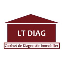 Logo de LT DIAG, texte: "Cabinet de Diagnostic Immobilier" sur fond de maison rouge.