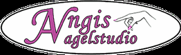 Logo mit Schriftzug "Angis Nagelstudio" in lila und Hand mit rosa Nägeln in ovalem Rahmen.
