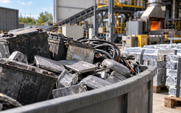 Bleischrott mit alten Batterien, Kabeln und Metallteilen in einer Recyclinganlage mit gestapelten Bleibarren im Hintergrund.