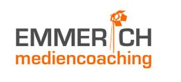 Logo mit der Aufschrift "Emmerich Mediencoaching" und einer grauen Lampe daneben.