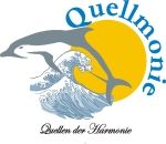 Delphin vor Welle und Sonne, Text "Quellmonie" und "Quellen der Harmonie".