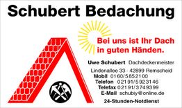 Visitenkarte von Schubert Bedachung mit Kontaktdetails und Slogan "Ihr Dach in guten Händen".