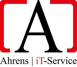 Logo von Ahrens iT-Service: Großes schwarzes "A" mit rotem Rahmen, Text darunter.