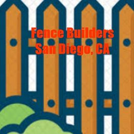 Wooden fence graphic with text: "Fence Builders San Diego, CA" in red.
