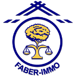Logo mit Baum und Waage, darüber ein Dachsymbol, unten der Text „FABER-IMMO“.