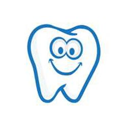 Smiling cartoon tooth with glasses outlined in blue.
