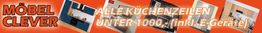 Banner mit "Möbel Clever" und Küchenzeilen unter 1000€ inkl. E-Geräte in Rottönen.