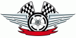 Rennrad mit Flügeln und Zielflaggen, darunter ein rotes Band.