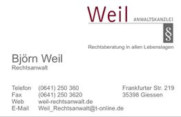 Visitenkarte von Björn Weil, Anwalt, mit Kontaktinformationen und Adresse in Gießen.