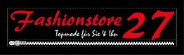 Schwarzes Logo mit rotem Text „Fashionstore 27“ und dem Zusatz „Topmode für Sie & Ihn“, unten ein Reißverschluss.