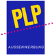 Blaues Logo mit gelbem "PLP", darunter "AUSSENWERBUNG". Eine rosa gepunktete Diagonale trennt sie.