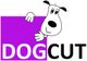 Cartoon-Hund über einem lila Rechteck mit der Aufschrift "DOG CUT".