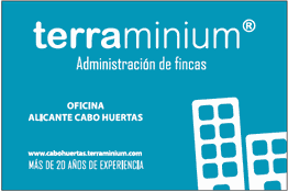 Tarjeta azul de Terraminium, administración de fincas en Alicante Cabo Huertas.