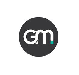 Logotipo com as letras "GM" em branco dentro de um círculo preto.