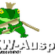 Grüner Frosch mit Krone hält Auspuff, daneben Text "PKW-Auspuff".