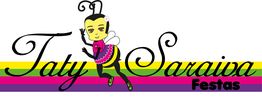 Logotipo com abelha estilizada dançando e texto "Taty Saraiva Festas" em cores vivas.