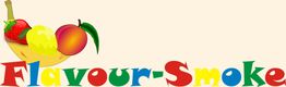Bunte "Flavour-Smoke"-Schrift mit Früchten: Banane, Zitrone, Erdbeere und Pfirsich.