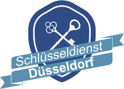 Logo mit Text "Schlüsseldienst Düsseldorf", gekreuzte Schlüssel auf blauem Hintergrund.