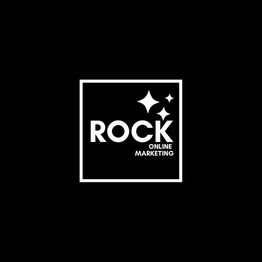 Zwart logo met witte tekst "Rock Online Marketing" en sterren binnen een vierkant kader.