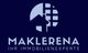 Logo mit Haus- und Gitter-Icon, Text: "Maklerena, Ihr Immobilienexperte", blauer Hintergrund.
