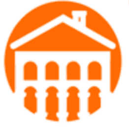 Icono naranja de un edificio con techo a dos aguas y seis arcos, dentro de un círculo.