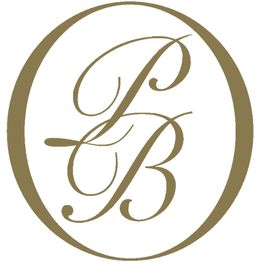 Lettrage "P" et "B" entrelacés dans un ovale brun sur fond blanc.