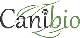 Logo "Canibio" avec empreinte de patte et feuilles vertes intégrées dans le texte.