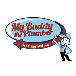 Cartoon plumber with a wrench beside text: "My Buddy the Plumber, Heating and Air."