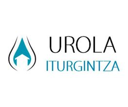 Logotipo de Urola Iturgintza con una gota de agua y un triángulo azul. Texto en negro y azul.