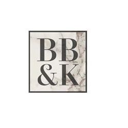 The letters "BB&K" in a serif font on a marble-like square background.