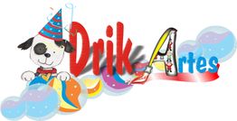 Desenho de cachorro com chapéu de festa ao lado do texto "Drik Artes" colorido.
