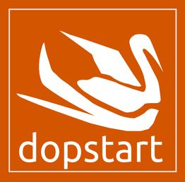 Logo rosso con cigno stilizzato bianco sopra la scritta "dopstart" in basso.