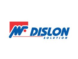 Logotipo da Dislon Solution com desenho abstrato em azul e vermelho ao lado do nome.