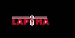 Logo de Lapyma, letras rojas y plateadas sobre fondo negro.