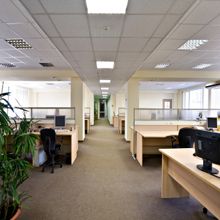 Empty office space with cubicles, computers, and a plant. Bright overhead lighting.
