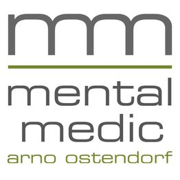Logo mit grauem "mm", grünem Streifen, "mental medic", "arno ostendorf" in Grün darunter.