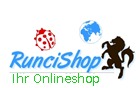 Logo von "RunciShop" mit Marienkäfer, Globus und Pferd. Text: "Ihr Onlineshop".