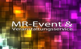 Bunte Quadrate und Text "MR-Event & Veranstaltungsservice" auf abstraktem Hintergrund.
