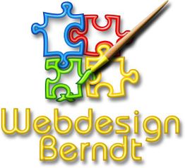 Bunte Puzzleteile mit einem Pinsel; darunter der Text "Webdesign Berndt" in gelber Schrift.
