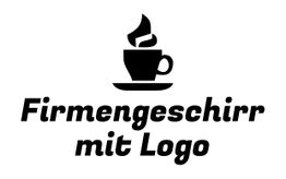 Tassenlogo mit Kaffeetasse und Schriftzug "Firmengeschirr mit Logo".