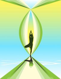 Stilisierte Silhouette in Yoga-Pose vor farbigem Hintergrund aus Grün- und Blautönen.