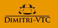 Logo Dimitri-VTC sur fond orange avec icône de voiture noire au-dessus du texte.