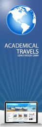 Blauer Globus über "Academical Travels" und Laptop mit Reise-Website, Genius Reisen GmbH.